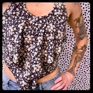 Navy floral flowy crop tank top with fun front
